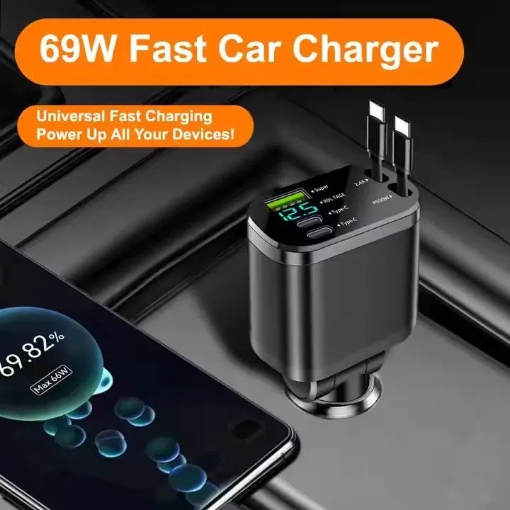Bluejw 65W Retractable Cable Car Charger, 5 Port 4-in-1 Fast Charging Automobile Adapter with Voltage Display for iPhone/Samsung - Image 4